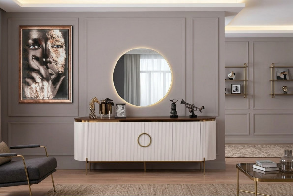 Iesszëmmer Set Besteet aus Kredenz a Spigel Beige mat Gold Elementer