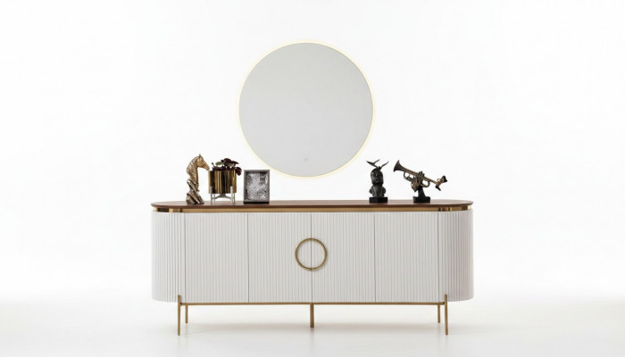 Iesszëmmer Set Besteet aus Kredenz a Spigel Beige mat Gold Elementer