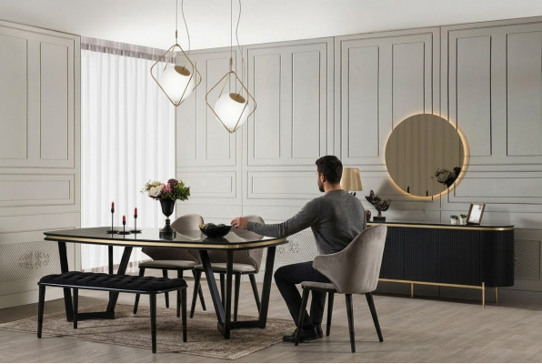 Modern 8-Stéck Iesszëmmer Set Iessdësch 4x Stull Kommode Spigel Bänk nei