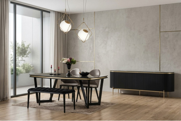 Modern 8-Stéck Iesszëmmer Set Iessdësch 4x Stull Kommode Spigel Bänk nei