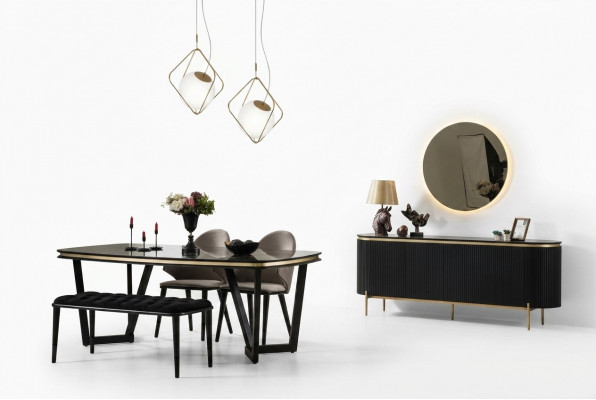 Modern 8-Stéck Iesszëmmer Set Iessdësch 4x Stull Kommode Spigel Bänk nei