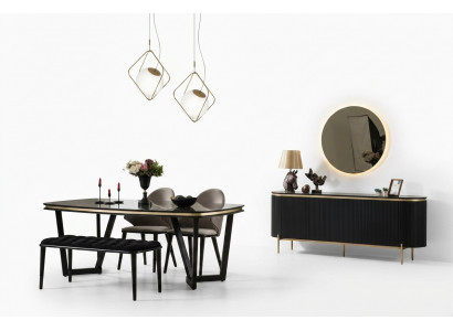 Modern 8-Stéck Iesszëmmer Set Iessdësch 4x Stull Kommode Spigel Bänk nei