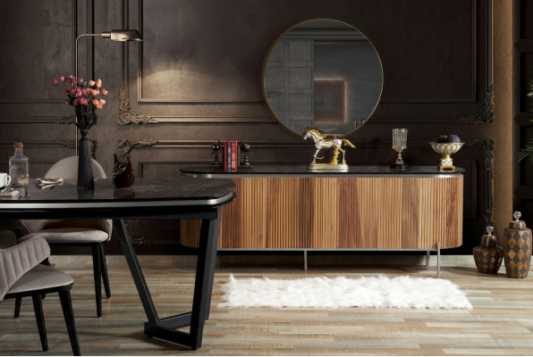 Luxuriéist Iesszëmmer Set Modern Besteet aus Schwaarz Kredenz an Spigel