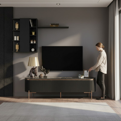 Luxuriéist 2-Stéck Wunnzëmmer Set TV Lowboard an Wandsschaf mat Regal