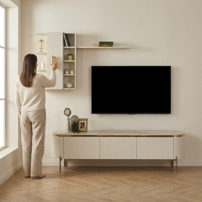 2 Deeler Wunnzëmmer Set besteet aus TV Lowboard + Wandschaf mat Regal nei