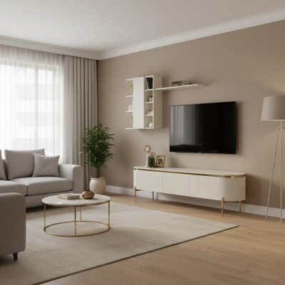2 Deeler Wunnzëmmer Set besteet aus TV Lowboard + Wandschaf mat Regal nei