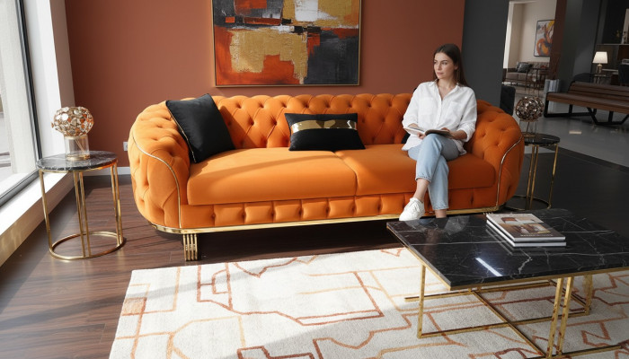 Stilvoll 3-Sëtz Sofa Chesterfield Orange Modern Wunnzëmmermiwwelen