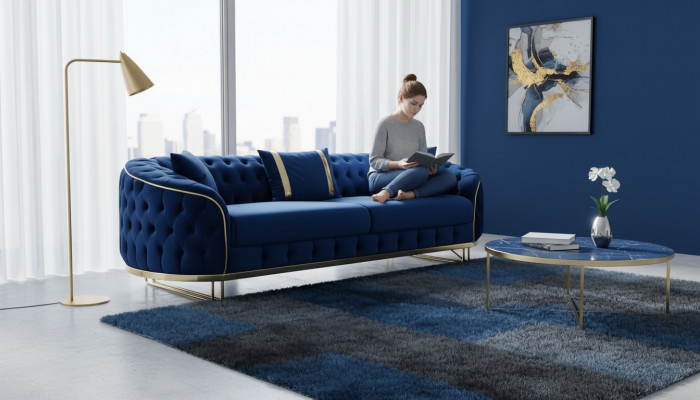 Blo Chesterfield Sofa Designer Wunnzëmmer Dräisëtzer Edelstol Miwwelen