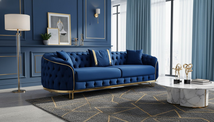 Blo Chesterfield Sofa Designer Wunnzëmmer Dräisëtzer Edelstol Miwwelen