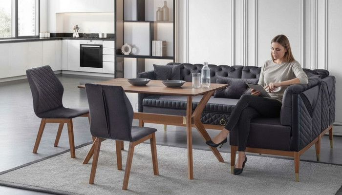 Schwaarz-Brong Iesszëmmer Set Chesterfield Eckeckbank Designer Iessdësch