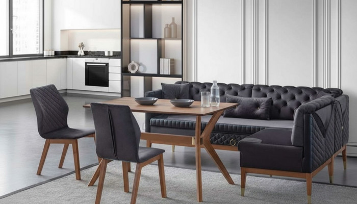 Schwaarz-Brong Iesszëmmer Set Chesterfield Eckeckbank Designer Iessdësch
