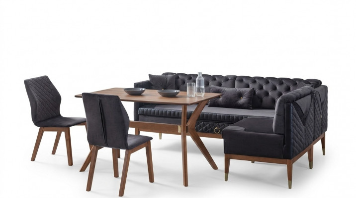 Schwaarz-Brong Iesszëmmer Set Chesterfield Eckeckbank Designer Iessdësch
