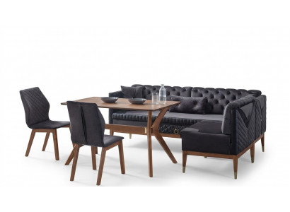 Schwaarz-Brong Iesszëmmer Set Chesterfield Eckeckbank Designer Iessdësch