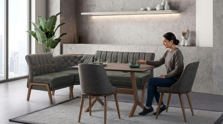 Gréisst Iesszëmmer-Set Holz Iessdësch 2x Textilstull Eckbänk 4-deelige Set