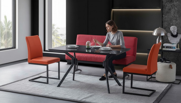 Modern Iesszëmmer Miwwelen Schwaarzen Iessdësch Konschtleedert Stiller Luxus Bänk