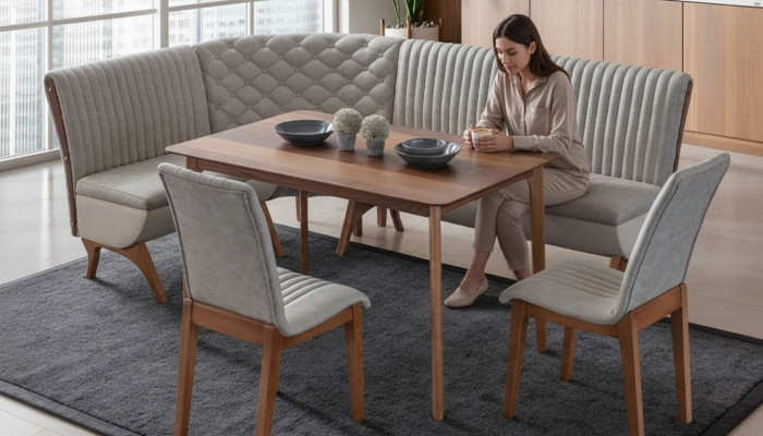 Designer hellgro Garnitur fir d’Iesszëmmer Polster Eckbank 2x Stull Iessdësch
