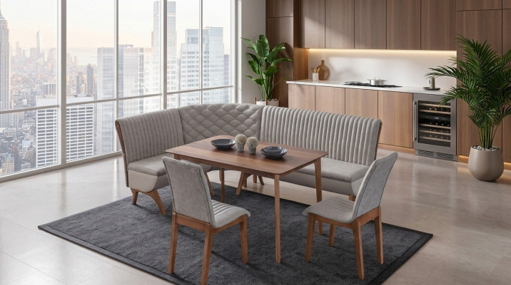 Designer hellgro Garnitur fir d’Iesszëmmer Polster Eckbank 2x Stull Iessdësch