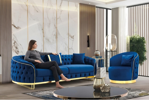 Designer Blo Faarf Wunnzëmmer Set aus 3-sëtzege Sofa an Fotell 2 Deeler.