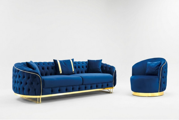 Designer Blo Faarf Wunnzëmmer Set aus 3-sëtzege Sofa an Fotell 2 Deeler.