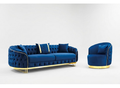 Designer Blo Faarf Wunnzëmmer Set aus 3-sëtzege Sofa an Fotell 2 Deeler.