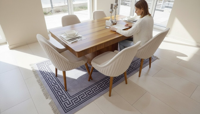 Hellbrongen Holzdësch Designer Iesszëmmer Miwwelen 6x Wäiss gestofféiert Still