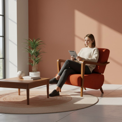 Modernt roude gepolsterten Fotell Wunnzëmmer Eenzelstull Designer Sëtzmöbel