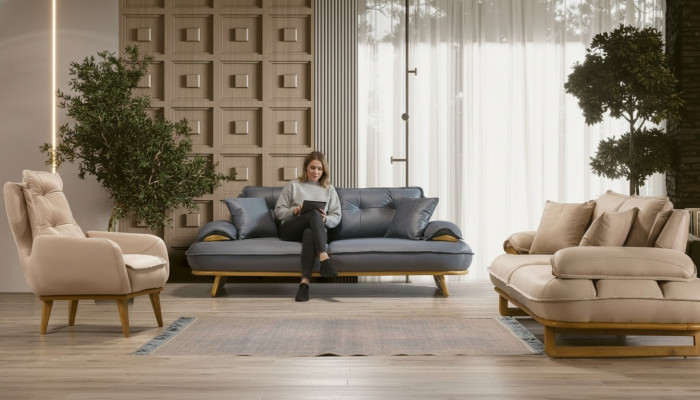 Stilvoll gro-beige Wunnzëmmer Sofa-Garnitur Designer 3+3+1 Sëtzer 3 Deeler