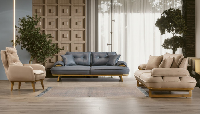 Stilvoll gro-beige Wunnzëmmer Sofa-Garnitur Designer 3+3+1 Sëtzer 3 Deeler