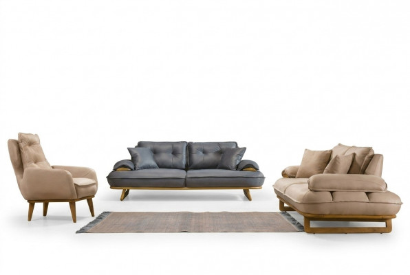 Stilvoll gro-beige Wunnzëmmer Sofa-Garnitur Designer 3+3+1 Sëtzer 3 Deeler