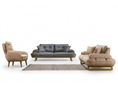 Stilvoll gro-beige Wunnzëmmer Sofa-Garnitur Designer 3+3+1 Sëtzer 3 Deeler