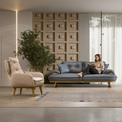 Stilvoll Grau-Beige Canapé Ensemble Designer 3-Sëtz Luxuriéise 1-Sëtz