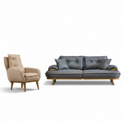 Stilvoll Grau-Beige Canapé Ensemble Designer 3-Sëtz Luxuriéise 1-Sëtz