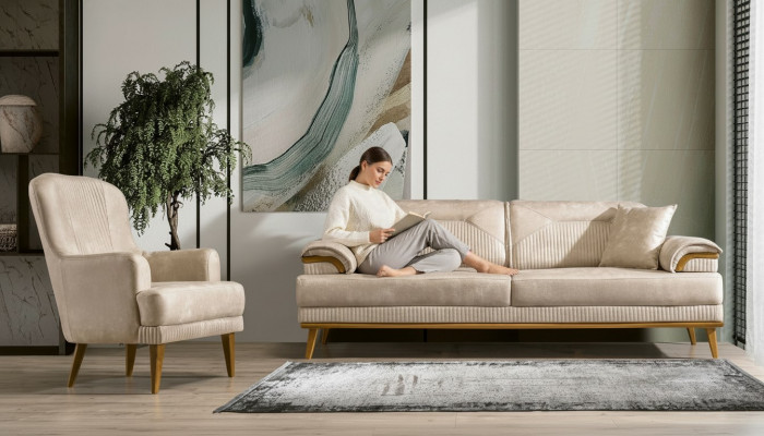 Beige Wunnzëmmer Sëtzgruppe Designer Sofagarnitur Polster 3+1 Sitzer