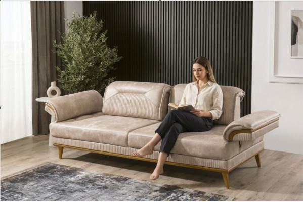 Designer Beige 3-Sëtzer Wunnzëmmer Sëtzgaart Luxus Textil Sëtzmoosselen