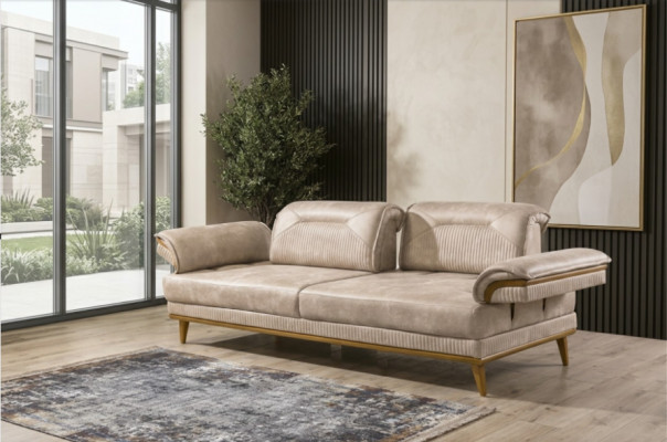 Designer Beige 3-Sëtzer Wunnzëmmer Sëtzgaart Luxus Textil Sëtzmoosselen