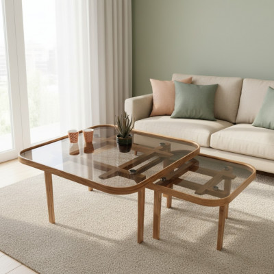 Modern Holzdëscher Designer Wunnzëmmer Sofa Dëscher Luxuriéis Glasdëscher