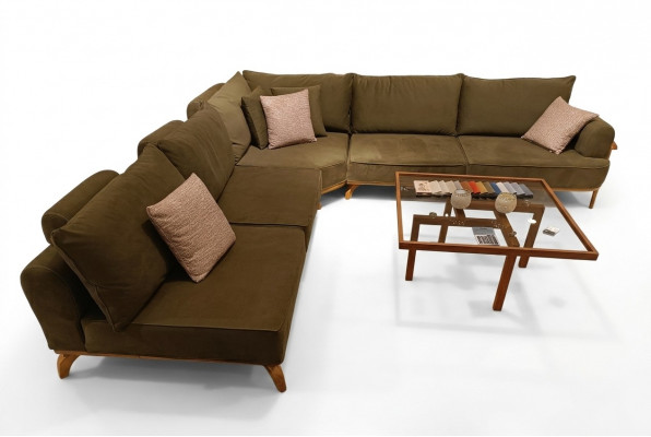 Braune Eckcanapé Luxus-Wunnzëmmer L-Form Couch Designer Polster Miwwelen