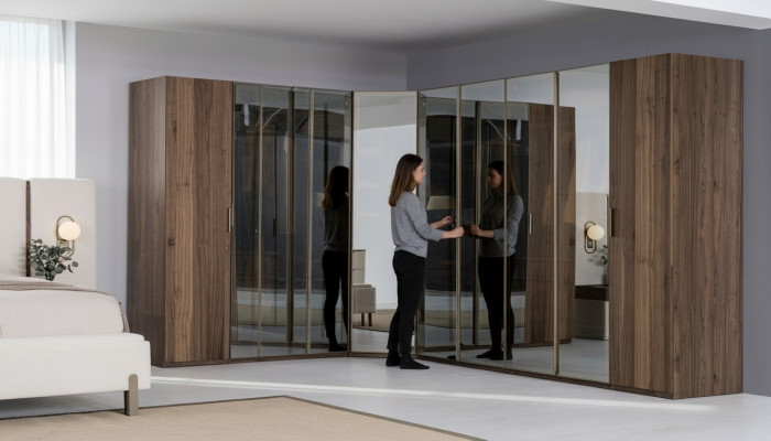 Modernen alebraune Stéckschaf Design Regal Schaf Holzschaf Luxuszëmmer.