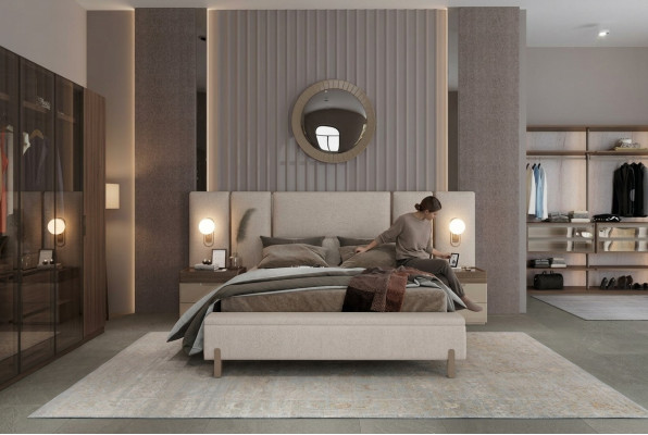 Modern Schlofzëmmer-Set aus Bett mat Bank an 2x Nuetsdëscher 3tlg. nei