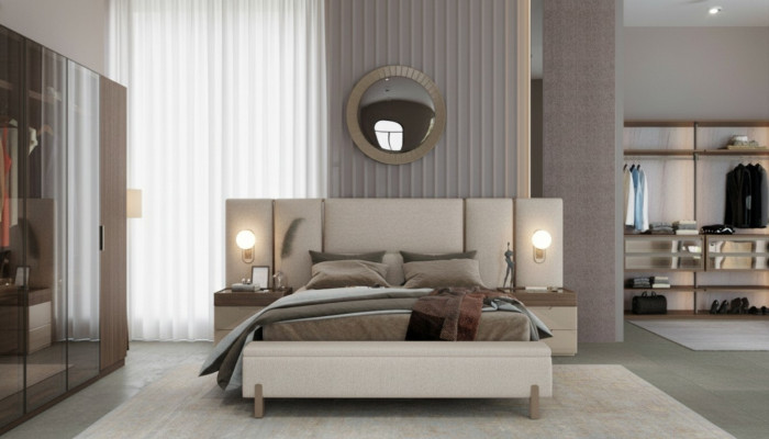 Modern Schlofzëmmer-Set aus Bett mat Bank an 2x Nuetsdëscher 3tlg. nei