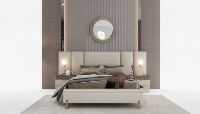 Modern Schlofzëmmer-Set aus Bett mat Bank an 2x Nuetsdëscher 3tlg. nei