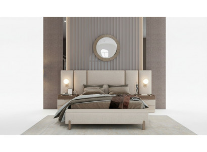 Modern Schlofzëmmer-Set aus Bett mat Bank an 2x Nuetsdëscher 3tlg. nei