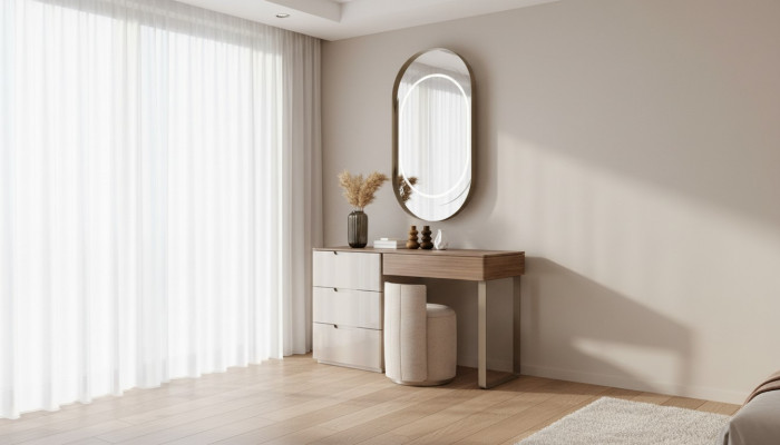 Schlofzëmmer Set Luxus Schminktisch a Spigel Hocker Design nei 3-Stéck-Set