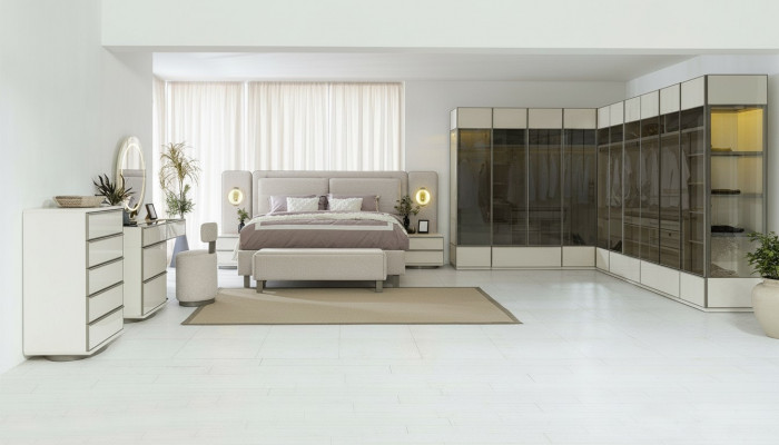 Komplett Schlofzëmmer Set Designer Bett Nuetsdëscher Schminktisch 7-deelech.