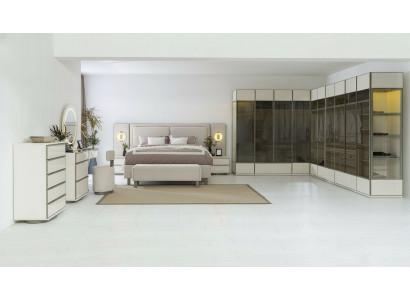 Komplett Schlofzëmmer Set Designer Bett Nuetsdëscher Schminktisch 7-deelech.