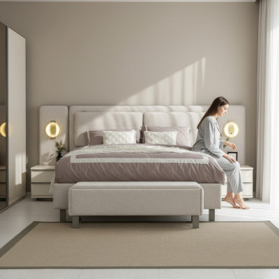 Komplett Schlofzëmmer Miwwel Set Bett mat Bänk 2x Nuechtdëscher 3tlg Nei