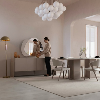 Luxuriéist Beige Iesszëmmer Set Holzdësch 4x Polsterstill Anricht 6tlg