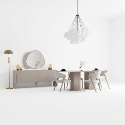 Luxuriéist Beige Iesszëmmer Set Holzdësch 4x Polsterstill Anricht 6tlg
