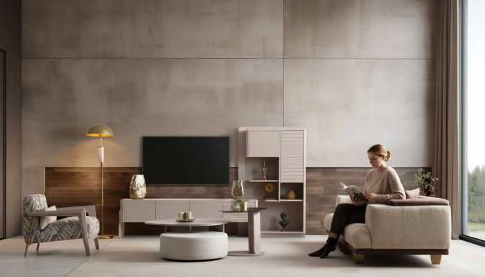 Komplett Wunnzëmmer Garnitur 3-Sëtzer Dësch Hocker Fauteuil 5tlg