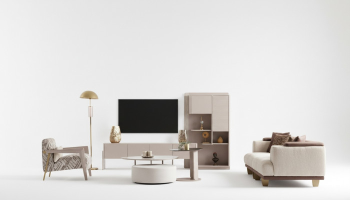 Komplett Wunnzëmmer Garnitur 3-Sëtzer Dësch Hocker Fauteuil 5tlg